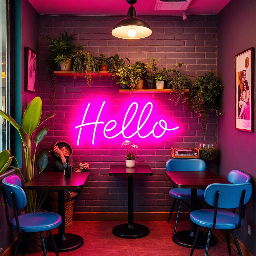 Workplace cafe corner with a Hello neon sign and blue bistro chairs