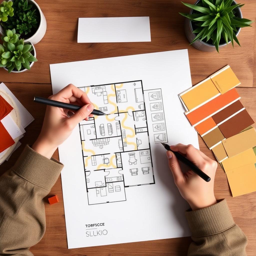 Hands sketching a workplace floor plan beside warm colour swatches