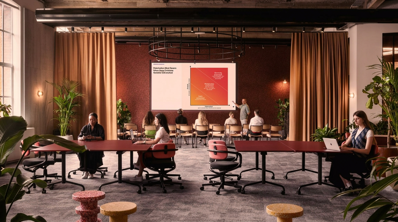 Warm industrial loft workshop: a facilitator presents a workplace experience matrix to a small group seated in coral and moss chairs around long red tables, with mustard curtains and lush plants in golden afternoon light